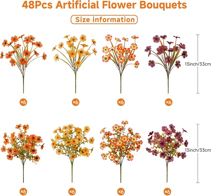 Alupssuc 48 Bundles Artificial Fall Flowers, UV Resistant Faux Mums Porch | - Image 2