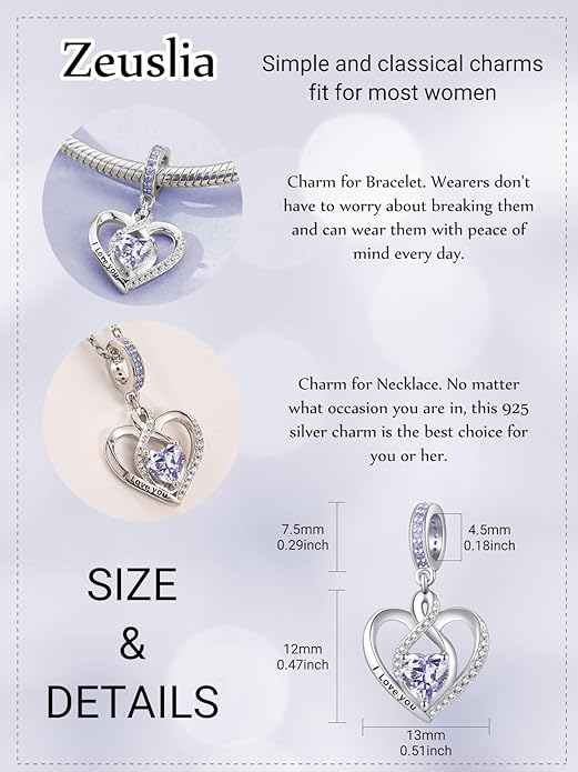 Heart Birthstone Charms for Bracelets, 925 Sterling Silver Women Bead Charms for Charm Bracelets Necklace, Mother's Day Birthday Anniversary Jewelry Gifts for Wife Mom Grandma Daughter