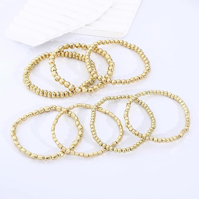 Gold Plated Beaded Bracelets for Women Trendy, 14K Gold Plated Stack Cross Pearl Gold Plated Bead Stretch Bracelets Set Elastic Hypoallergenic Bracelets Jewelry Gifts
