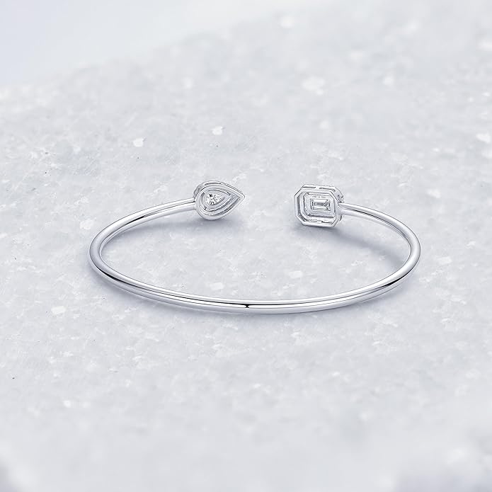 Moissanite Cuff Bangle for Women, D Color 4x6mm Emerald & Pear Moissanite, 925 Sterling Silver Dainty Bridal Cuff Bracelet, Fashion Wedding Jewelry for Her (Silver)