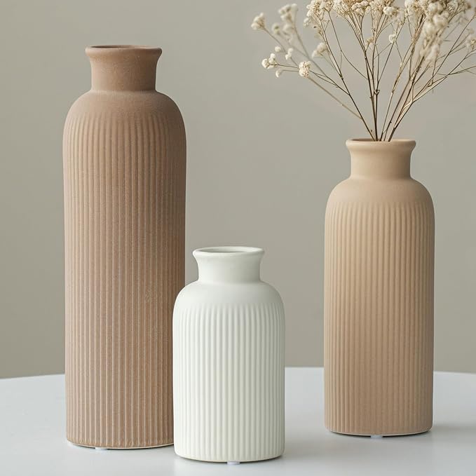 Modern Ceramic Vase Set, Earth Tone Natural Color Ribbed Matte Design, 3-Piece - Image 8