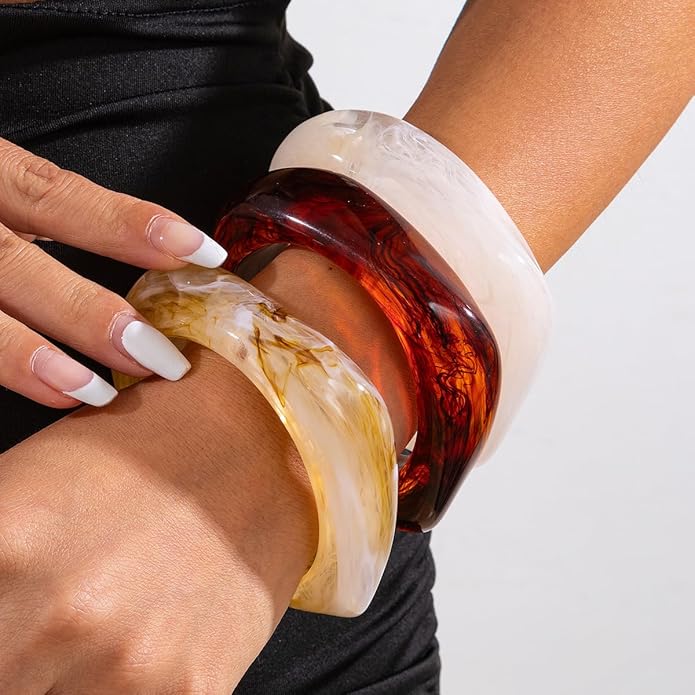 ALEXTINA 3Pcs Acrylic Resin Bangles for Women, Wide Resin Bracelets Chunky Cuff Bracelets Set Stackable Bracelets, Summer Vacation Jewelry Gift for Women