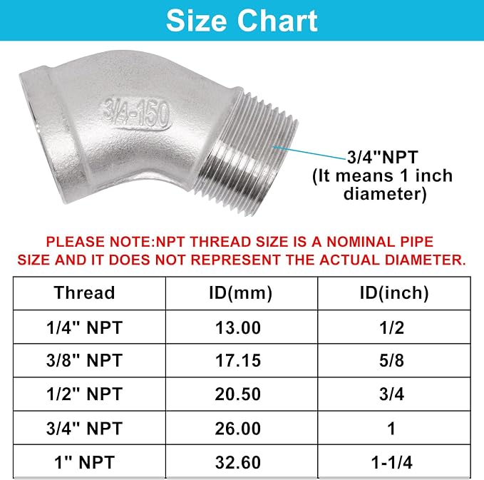 2PCS 45 Degree Elbow Fittings, 3/4" NPT Male Pipe to 3/4" NPT Female 304 - Image 2