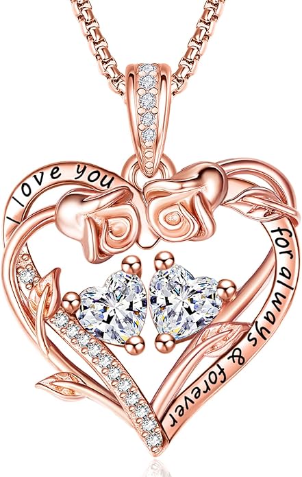 Rose Heart Necklaces for Women, Rose Gold Forever Love Jewelry with 2 Birthstones Pendant,Valentines Anniversarry Birthday Gifts for Her Wife Mom Grandma Daughter, 18+2 Inch Chain