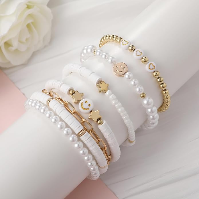 Preppy Bracelets Set Colorful White Gold Smile Heart Star Polymer Beaded Pearl Clay Stackable Charm Y2K Kidcore Aesthetic Summer Beach Bohemian Stretch Layering Bracelets Jewelry for Girls Women Teens