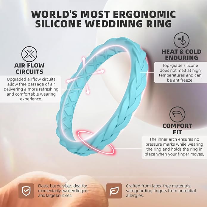 Egnaro Women's Wedding Bands, Silicone Thin and Stackable Rubber Engagement Ring, Variety Multipack With Breathable Grooves Workout Accessories