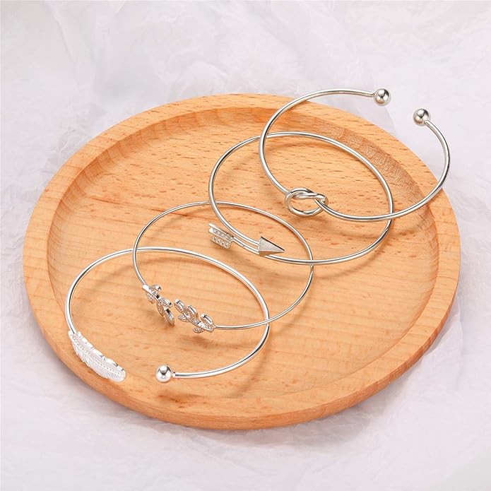 Starain 4Pcs Rose Gold Bracelets for Women Simple Leaf Arrow Feather Knot Heart Bangle Bracelet Adjustable Cuff Bracelet Set