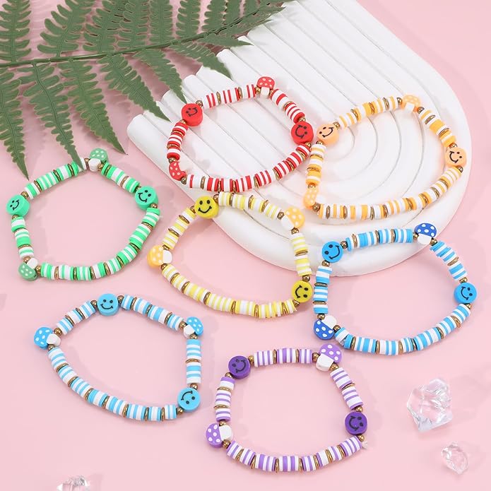 Bohemian Colorful Beaded Bracelets for Women Boho Stackable Natural Stone Letter Clay Glass Beads Stretch Bracelet Set with Charm, Cute Rainbow Friendship Bracelets for Summer Vacation