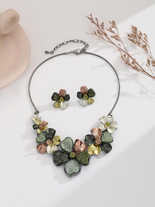 Chunky Statement Jewelry Set Vintage Retro Leaf Flower Floral Geometric Bohemian Boho Bib Necklace Earring Set Fashion Costume Jewelry for Women Girls Wedding Party Prom Unique Gift