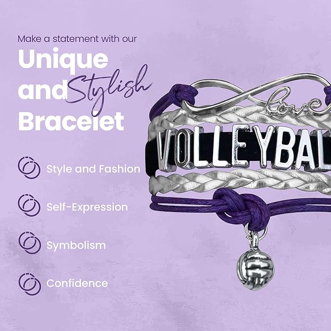 Volleyball Bracelets For Girls- Ideal Volleyball Gifts & Souvenirs. Adjustable Charm Bracelet with Moveable Letters, Infinity Symbol & Silver Volleyball Charm. Fashionable Bracelets by SportyBella.