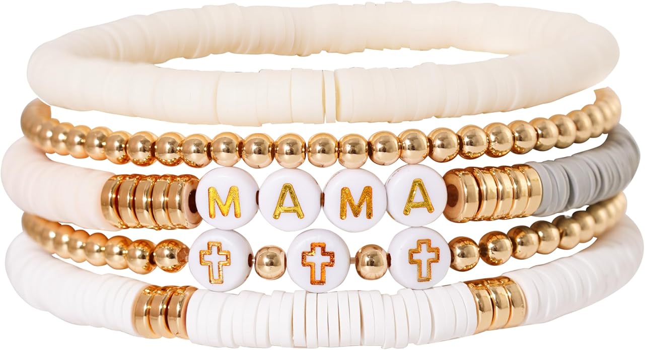 GOOJIDS Surfer Heishi Clay Bead Bracelets for Women Bohemian Stackable Gold Plated Beaded Stretch Bracelets Elastic Layering Friendship Bracelets Set Boho Jewelry