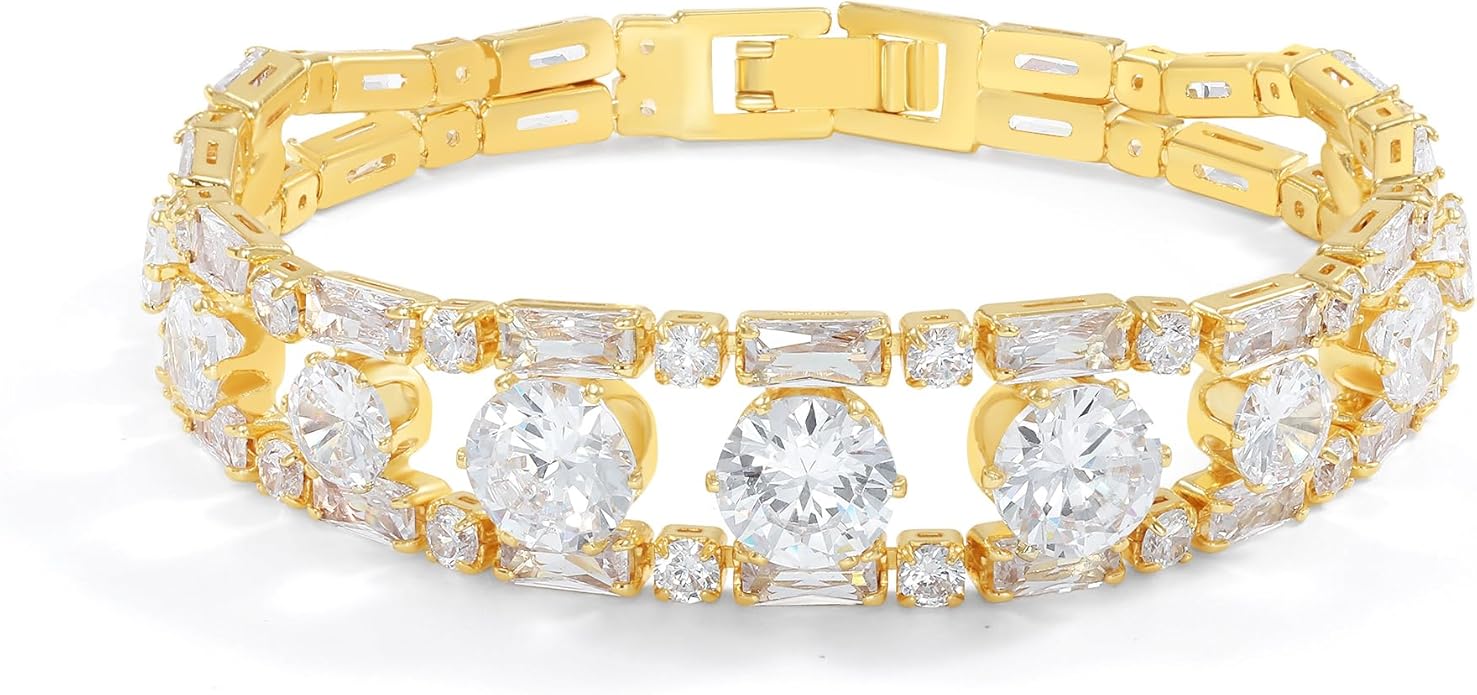 14K Gold Plated Women’s Tennis Bracelet – Sleek CZ Line Bracelet, Fits 6.0"–7.2" Wrist – Sparkly Everyday Jewelry Gift, Contemporary Tennis Bracelets for Women
