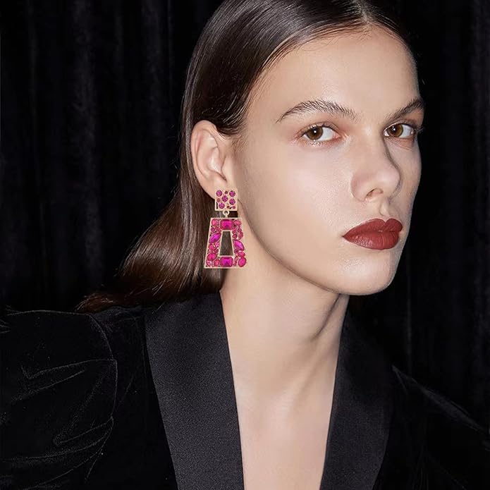 Rhinestone Rectangle Statement Earrings Colorful Crystal Geometric Drop Dangle Earrings for Women Prom Party
