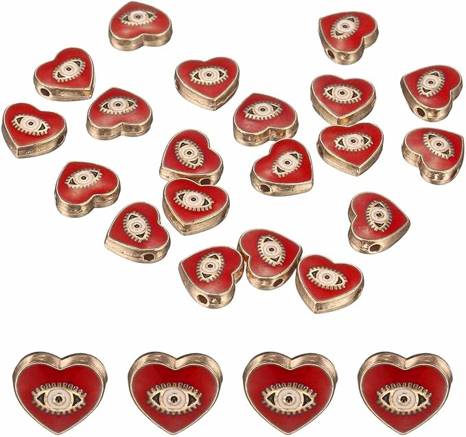 MECCANIXITY 20 Pcs Heart Evil Eye Beads Colorful Flat Loose Spacer Evil Eye Charms for DIY Bracelet Earrings Necklace Crafts Jewelry Making, Red