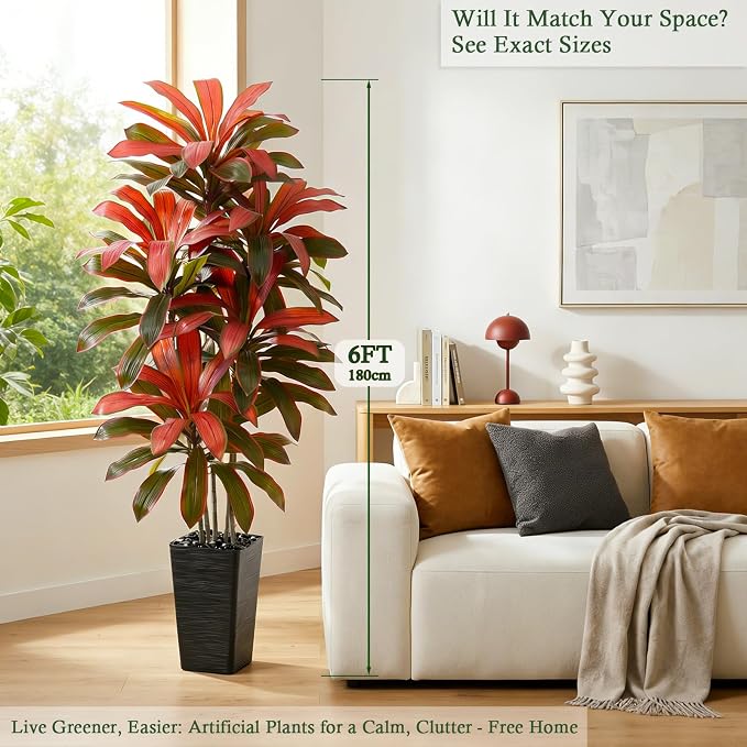 Artificial Dracaena Tree: 6FT Fake Plants Silk Faux Trees（Black Pot） | - Image 2