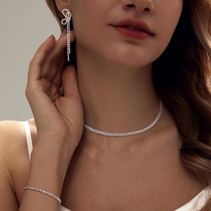 Tennis Necklace Bracelet for Women, Dainty Sterling Sliver Choker Necklace Crystal Link Bracelet Stud Earrings for Women Wedding Jewelry for Bride Jewelry Set Accessories