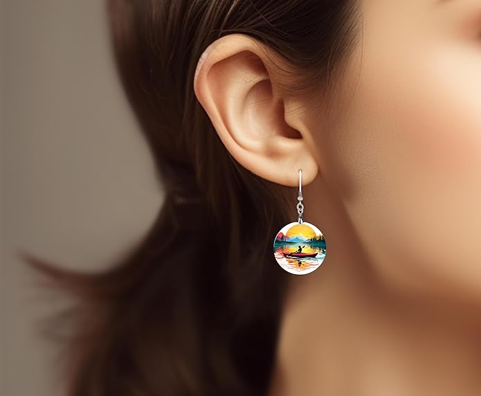 Round Wood Earrings Light Weight Printed Image Dangle Jewelry