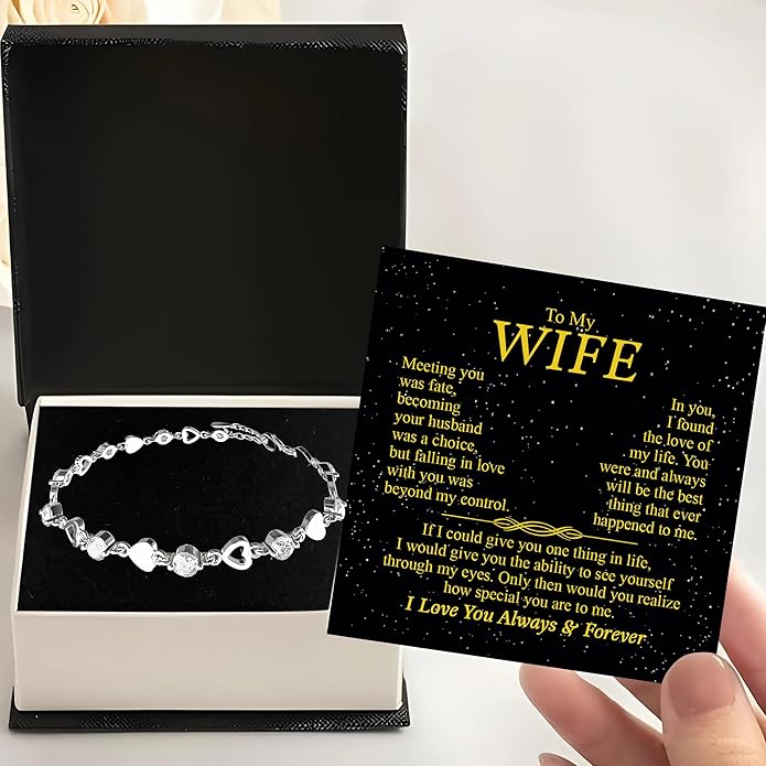 “To My Wife Heart Bracelet – Crystal Heart Link Jewelry Gift with Message Card”.