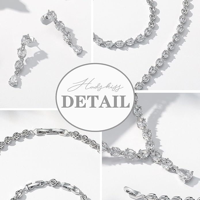 Hadskiss Jewelry Set for Women, Necklace Dangle Earrings Bracelet Set with White AAA Cubic Zirconia, Allergy Free Wedding Party Jewelry for Bridal Bridesmaid
