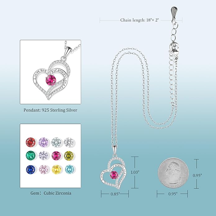 Birthday Gifts Double Heart Birthstone Necklace for Women, S925 Sterling Silver Pendant Necklace Jewelry for Her Mother Mom Wife Girlfriend