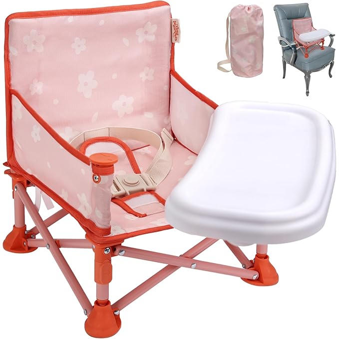 Tiny Marvels Portable 3-in-1 Baby Chair, Cozy Booster Seat, Baby Seat with Tray, Compact Foldable, Toddler Chair with Child Safety Belt Carry Bag, Perfect for Travel (Blush Petals)