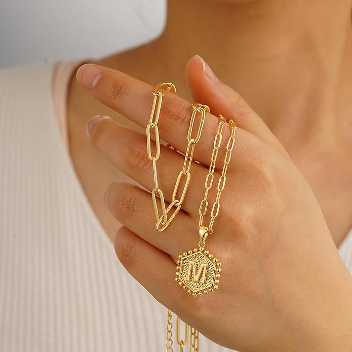 M MOOHAM Valentines Gifts for Women Teen Girls, 14K-Gold-Plated Initial Necklaces for Women Cute Hexagon Letter Initial Necklace Layered Necklaces for Womens Teen Girl Valentines Jewelry Gifts
