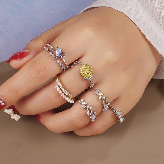 TAMHOO 9/12/15/16 Pcs Open Rings Set for Women with Sparkling Cubic Zirconia- Finger Rings Pack Stackable Rings for Teens,White Gold/Rose Gold/Gold Tone Rings for Girls