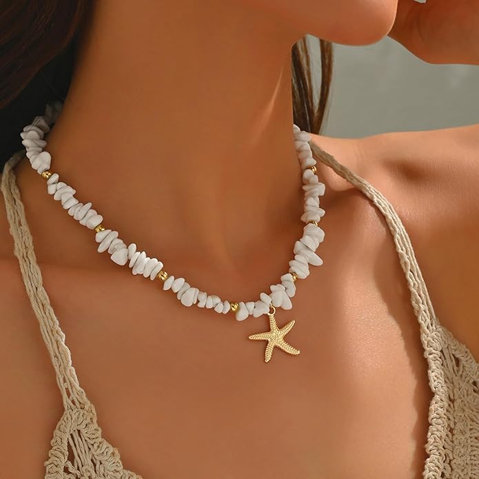 Shell Starfish Necklace for Women, 14k Gold Plated Boho Layered Beaded Charm Pendant Necklace, Dainty Adjustable Pearl Conch Summer Beach Vacation Jewelry Gifts