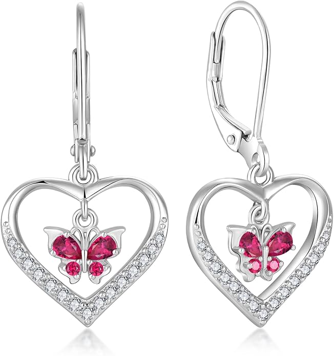 Butterfly Birthstone Heart Dangle Drop Earrings, 925 Strlings Silver 5A Cubic Zircon Leverback Earrings Jewelry Anniversary Birthday Gifts for Women
