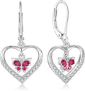 Butterfly Birthstone Heart Dangle Drop Earrings, 925 Strlings Silver 5A Cubic Zircon Leverback Earrings Jewelry Anniversary Birthday Gifts for Women