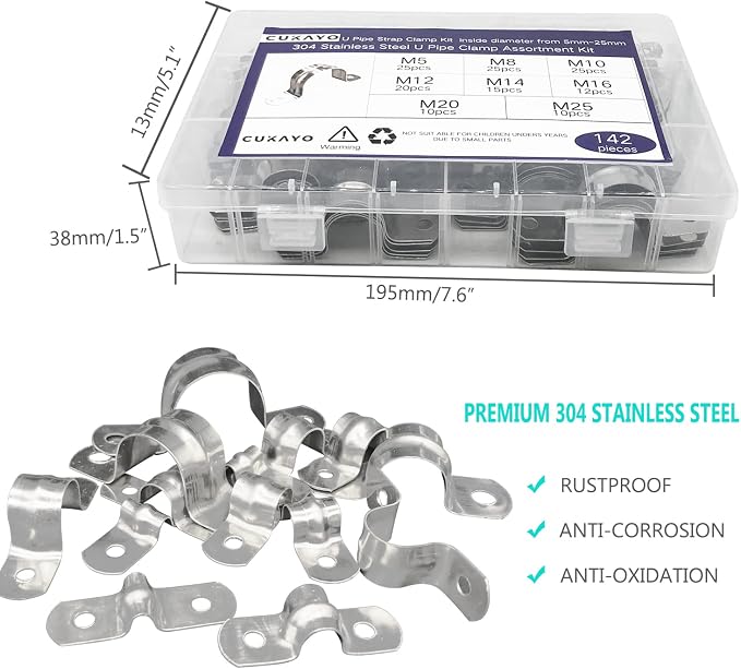 142 Pcs Pipe Strap Clamp Assortment Kit, 304 Stainless Steel 2 Holes Rigid Pipe - Image 4