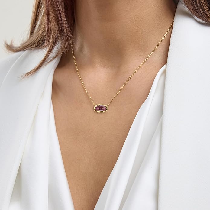Belacqua Gemstone Necklace in 14K Gold Plated Sterling Silver, Oval Pendant Size 6 * 12mm, 15" Cable Chain with 2" Extender, Spring Ring Clasp, Dainty Birthstone Necklace for Women, Gift Box Included