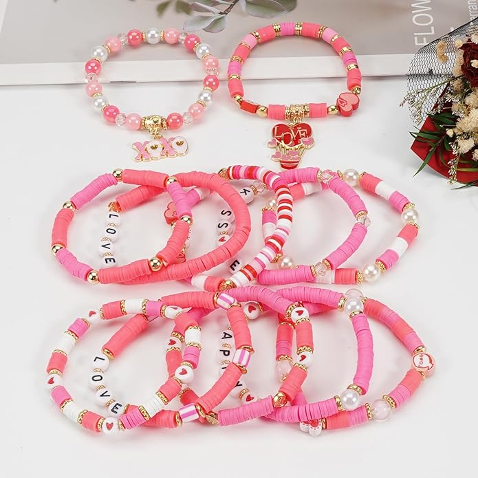 Beaded Bracelet for Women Pink Love Heart Stretch Bracelets Accessories