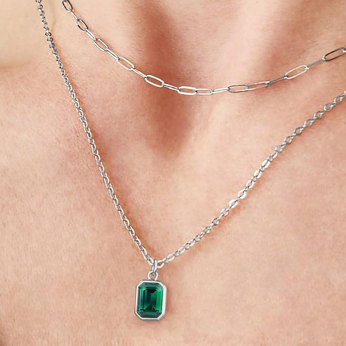 Layered Birthstone Necklace for Women Girls, 14K Gold-Plated Paperclip Chain Choker Necklace with Rectangle Birthstone Pendant Birthday Gifts for Women Girls Dainty Small