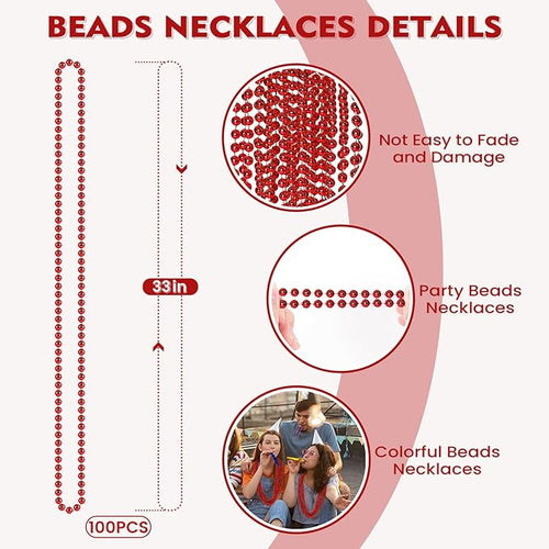 100 PCS Red Mardi Gras Beads, Red Beads Necklaces Christmas Necklaces 33" Metallic Beaded Costume Necklaces Party Necklaces for Valentines Christmas Parade Throws Wedding Birthday Party Favors