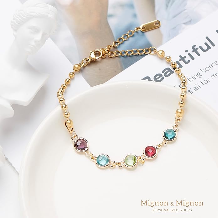 MignonandMignon Custom Birthstone Bracelet for Women, Personalized Beaded Chain Jewelry, Birthday, Gift for Friends, Adjustable Bracelet with Birth Month Stones – B-BR-2HBS