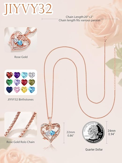 Rose Heart Necklaces for Women, Rose Gold Forever Love Jewelry with 2 Birthstones Pendant,Valentines Anniversarry Birthday Gifts for Her Wife Mom Grandma Daughter, 18+2 Inch Chain