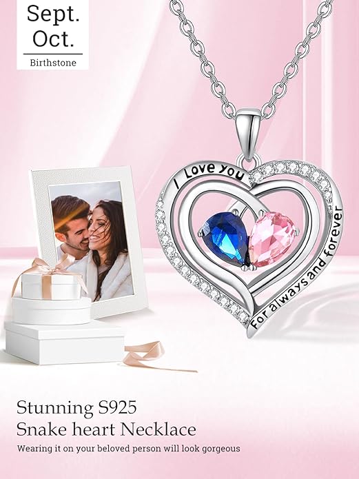 Valentine's Day Gifts for Wife 925 Sterling Silver Double Birthstone Pendant Necklaces I Love You for Always and Forever Necklace Anniversary Birthday Gifts for Wife Girlfriend Mom Her