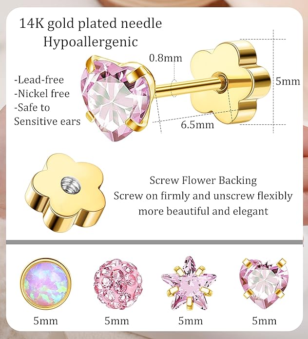 4Pairs 14K Gold Stud Earrings for Women Girls 316L Stainless Steel Hypoallergenic Earrings 20G Flat Back Handmade Nap Earrings Cute Screw Back Opal Heart Star Cartilage Earrings