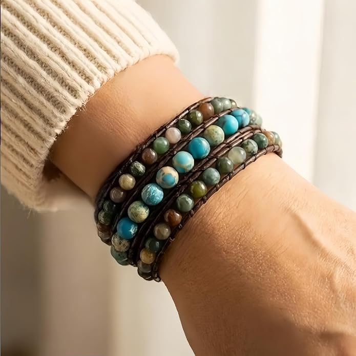 YGLINE Boho Handmade Natural Stone Bead 3 Row Wide Wrap Wrist Statment Bracelet Jewelry Collection