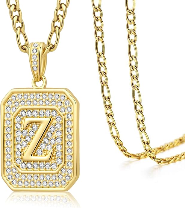 Initial Letter Pendant Necklace for Men Women, 14K Gold Square Monogram Alphabet Necklace with Figaro Chain, Valentines Day Birthday Gifts for Him Her