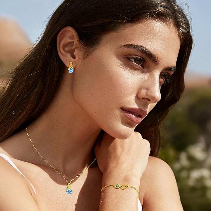 Jewelry Sets for Women-18K Gold Plated Dainty Birthstone Pendant,Trendy Necklace Earrings Infinity Bracelets Set,Ideal Jewelry Gifts for Her Mom