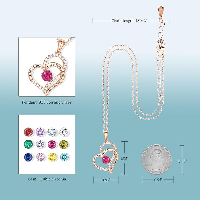 Birthday Gifts Double Heart Birthstone Necklace for Women, S925 Sterling Silver Pendant Necklace Jewelry for Her Mother Mom Wife Girlfriend