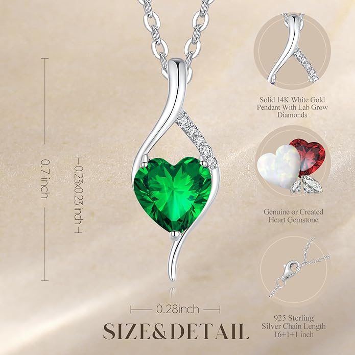 FANCIME 14K Solid White Gold Birthstone Necklace Genuine or Created 6mm Heart Gemstone Pendant with Lab Grow Diamonds Sterling Silver Chain Fine Jewelry Anniversary Birthday Gifts for Women 16" + 2"