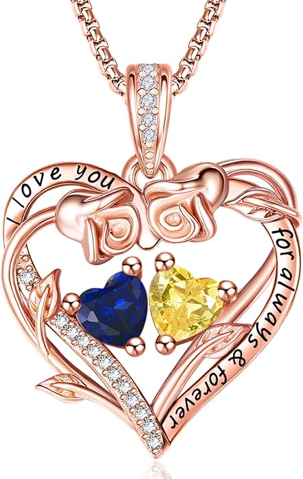Rose Heart Necklaces for Women, Rose Gold Forever Love Jewelry with 2 Birthstones Pendant,Valentines Anniversarry Birthday Gifts for Her Wife Mom Grandma Daughter, 18+2 Inch Chain