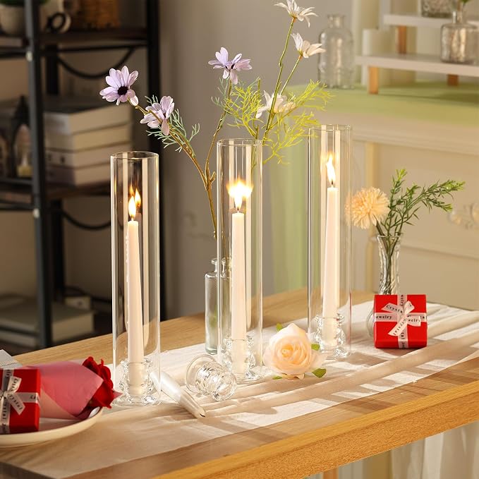 Teenyyou 12 Set Glass Hurricane Candle Holders Candlestick Bulk 12.6", Open - Image 5