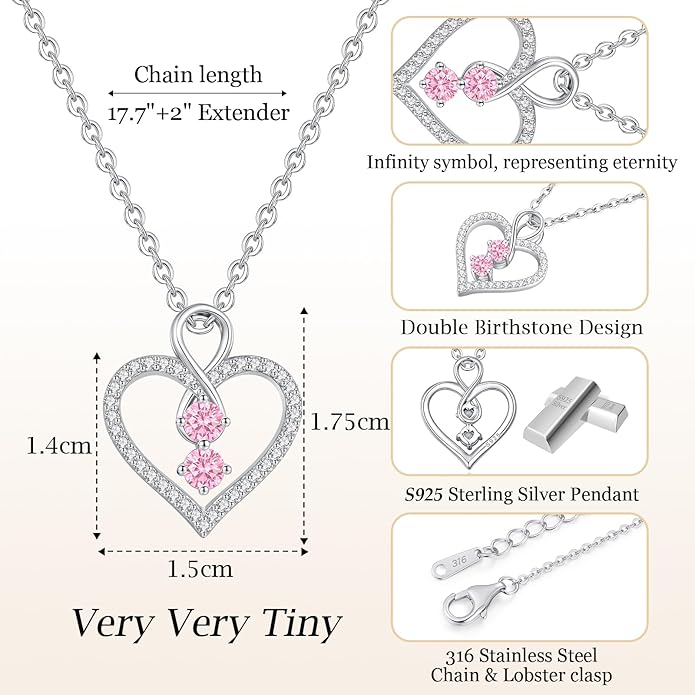 LOUISA SECRET Infinity Double Birthstone Necklace, 925 Sterling Silver Tiny Pendant Heart Necklace for Women Wife Her, Best Jewelry Gift Heart Jewelry Meaningful Gift for Valentine's Day, Christmas, Birthday Anniversary