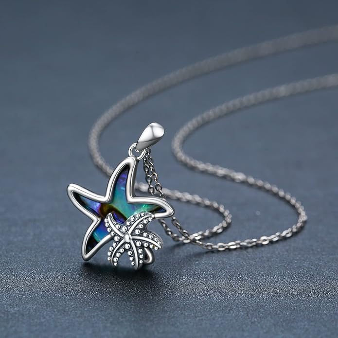 Cuoka Starfish Necklace 925 Sterling Silver Abalone Double Seashell Ocean Sea Beach Star Pendant Necklaces Ocean Jewelry for Women Bestfriend Summer Holiday Graduate Gift