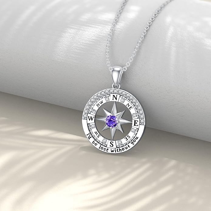 Compass Birthstone Necklace Gift for 2025 Graduation 925 Sterling Silver Compass ‘I'd be Lost Without You’ Pendant Necklaces Jewelry for Women Her Wife Gift for Birthday Anniversary