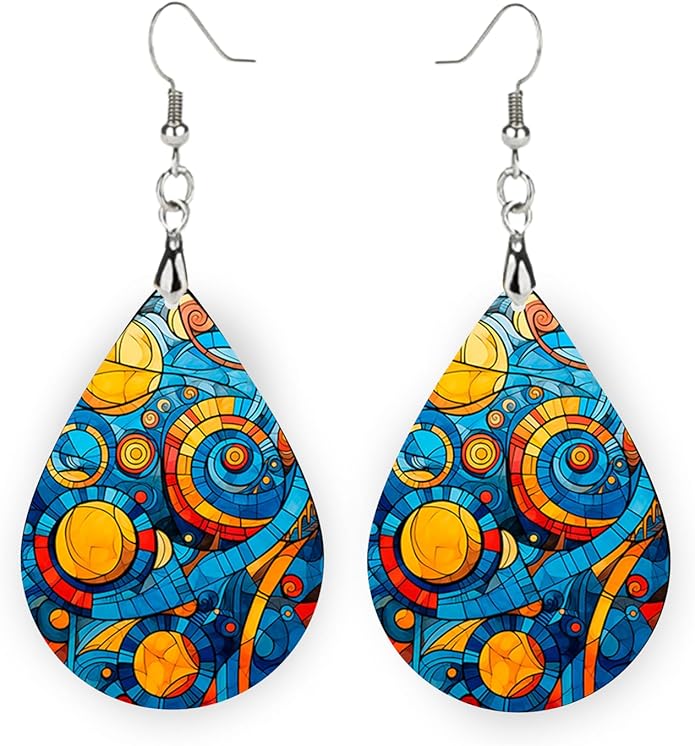 Teardrop Wood Earrings Light Weight Printed Image Dangle Jewelry, Fun and Funky Earrings